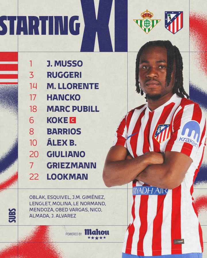 AG真人-马竞首发：格列兹曼、科克领衔，小蜘蛛替补，新援卢克曼出战